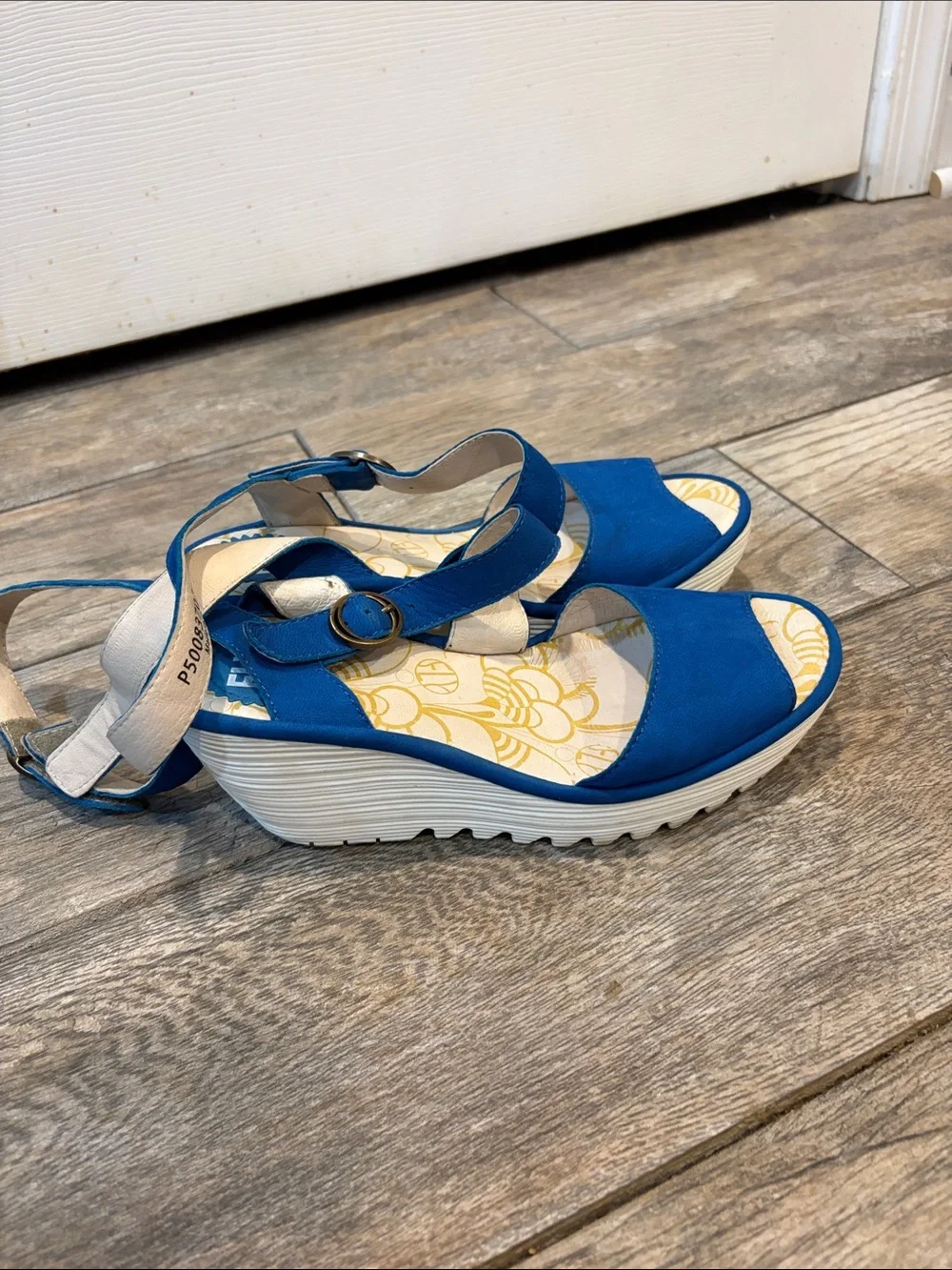 Fly London Yesk Blue Wedge Sandals with Ankle Strap size 37 US 6-6.5